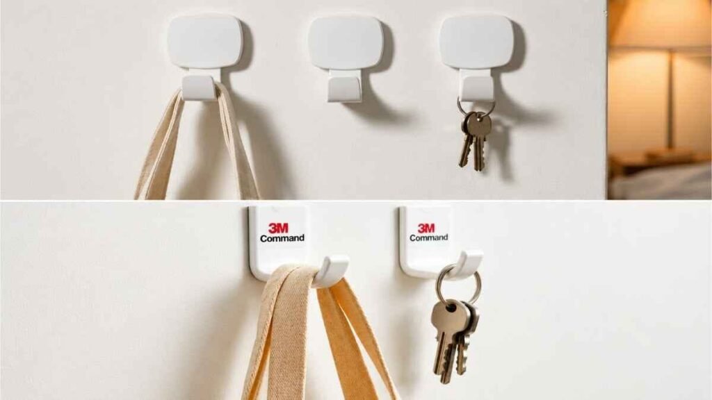 3M Command hooks used to hang bags and keys without drilling into rental walls.