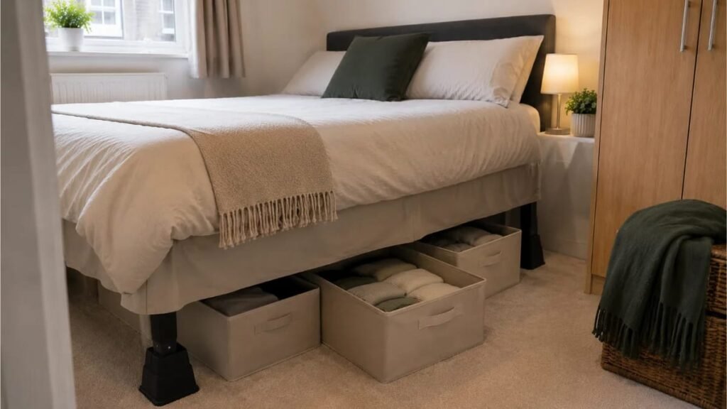Soft canvas storage boxes pulled out from under a bed lifted with heavy-duty black bed risers