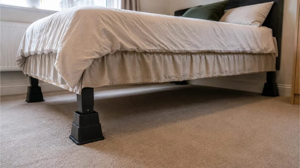 Black heavy-duty bed risers installed under bed legs to create extra under-bed clearance in a UK flat