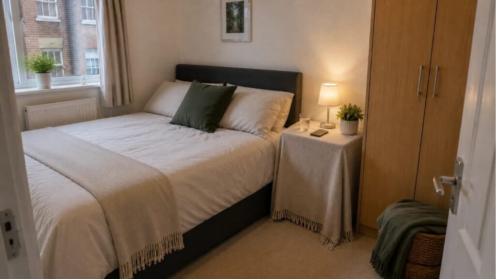 Suitcase disguised as a functional bedside table with a lamp, phone, and small plant in a clean bedroom