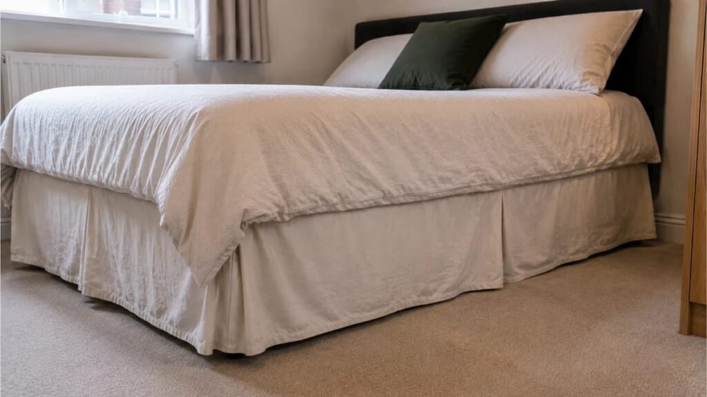 Neutral valance sheet covering the space under a bed to hide storage boxes and bed risers in a small UK rental bedroom
