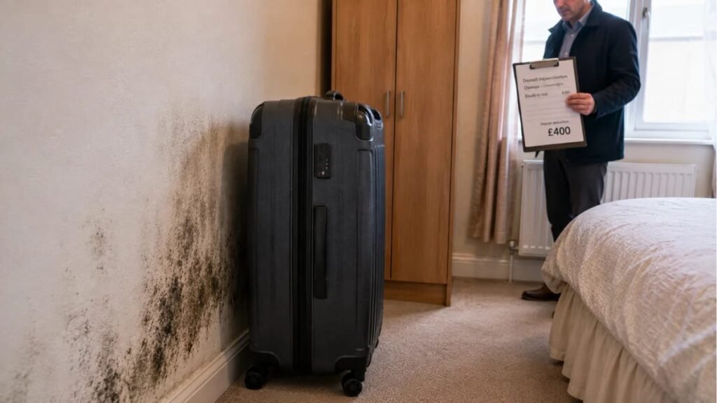 Black mould damage on a rental bedroom wall behind a suitcase causing a £400 deposit deduction