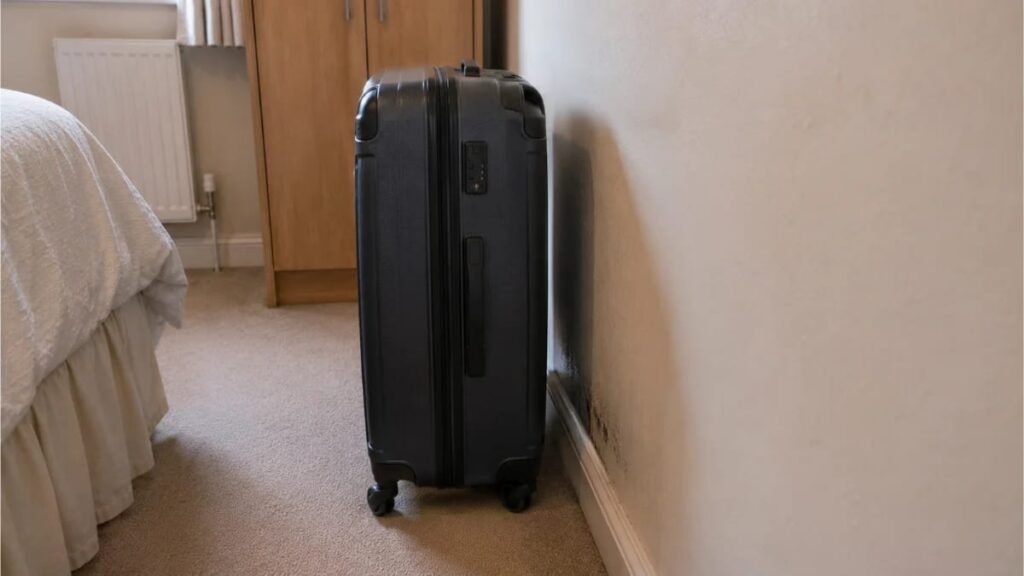 Black mould forming on a bedroom wall behind a suitcase pushed tightly against it in a UK rental flat