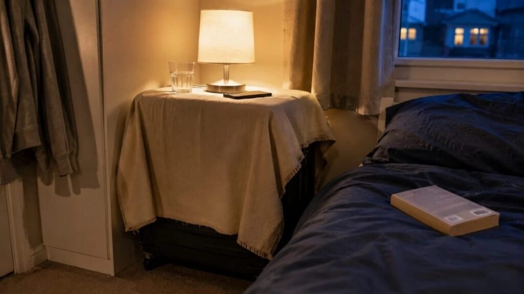 Suitcase repurposed as a cozy bedside table covered with a neutral linen throw holding a lamp and water glass in a small bedroom