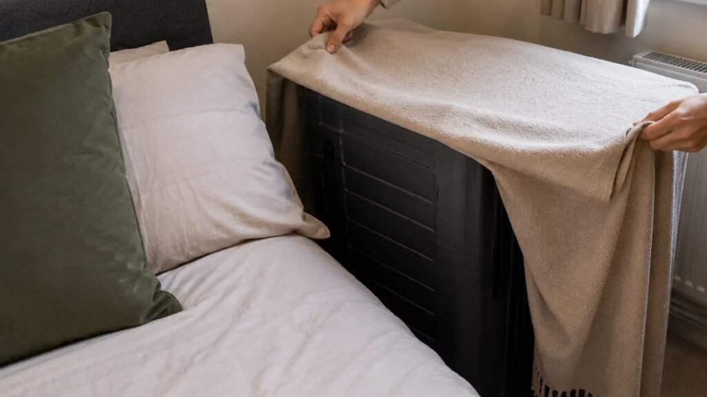 Hands covering a large black suitcase with a neutral throw sheet next to the bed