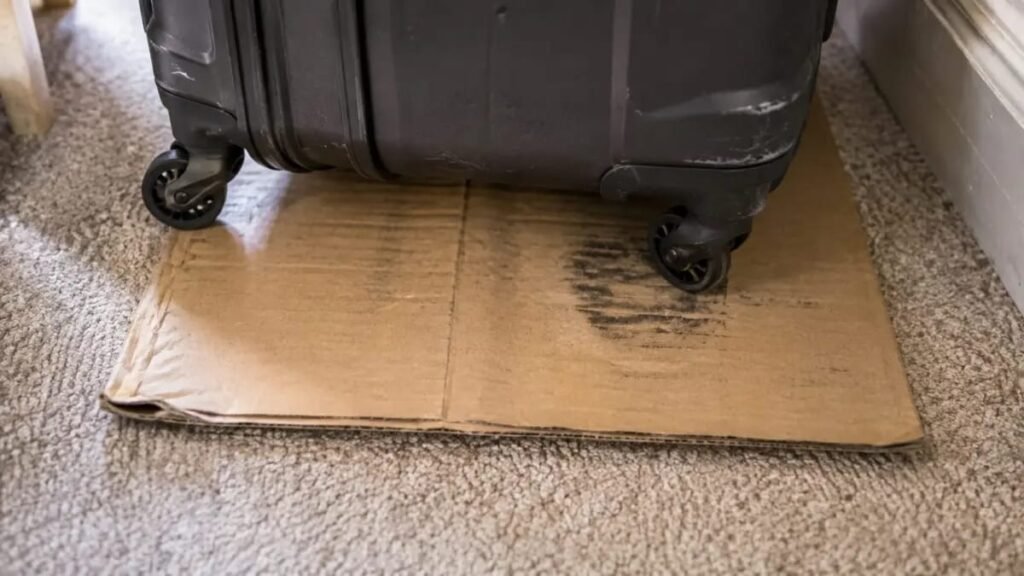 Suitcase wheels resting on a cardboard sheet to prevent dirt marks and protect carpet in a UK rental flat