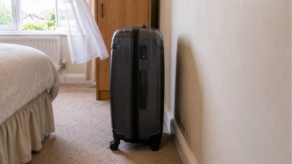 Suitcase placed near an open window showing airflow and wall gap to prevent moisture buildup