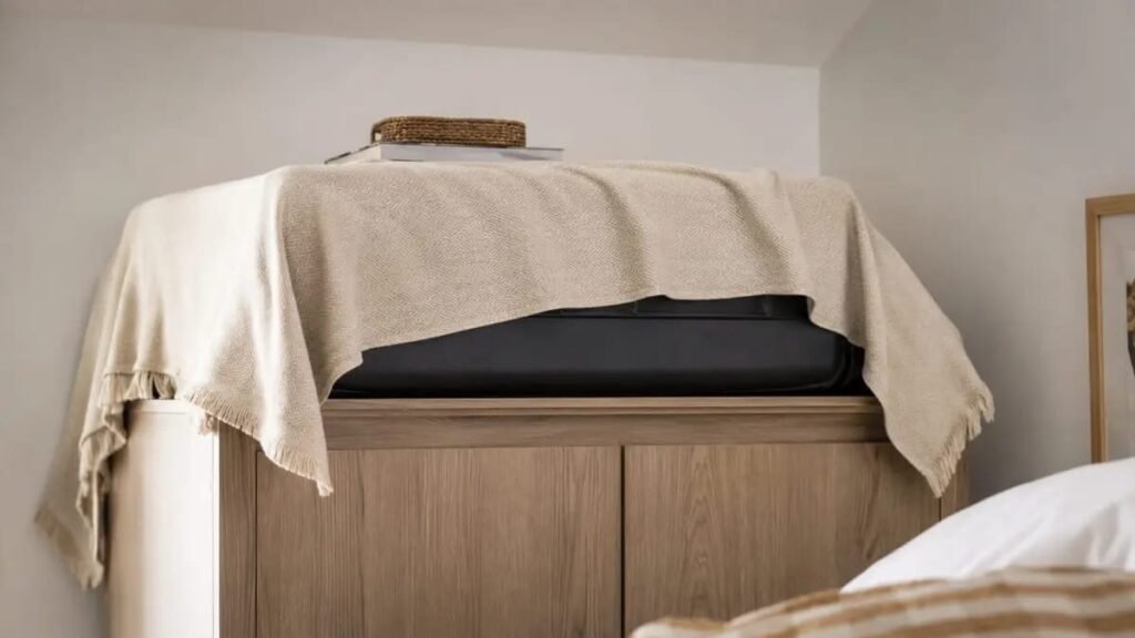 Suitcase stored on top of a wardrobe covered with a neutral throw sheet and decorative tray