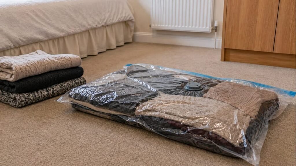 Bulky winter sweaters compressed completely flat inside a vacuum storage bag on a carpeted floor