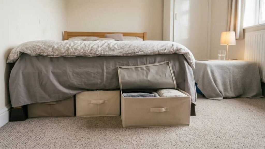 Soft fabric canvas storage boxes filled with clothes pulled out from under a bed in a small UK bedroom