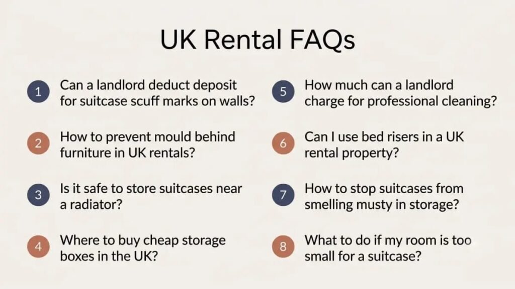 Infographic displaying common UK rental FAQs regarding tenancy deposit deductions, mould prevention, and small room storage solutions