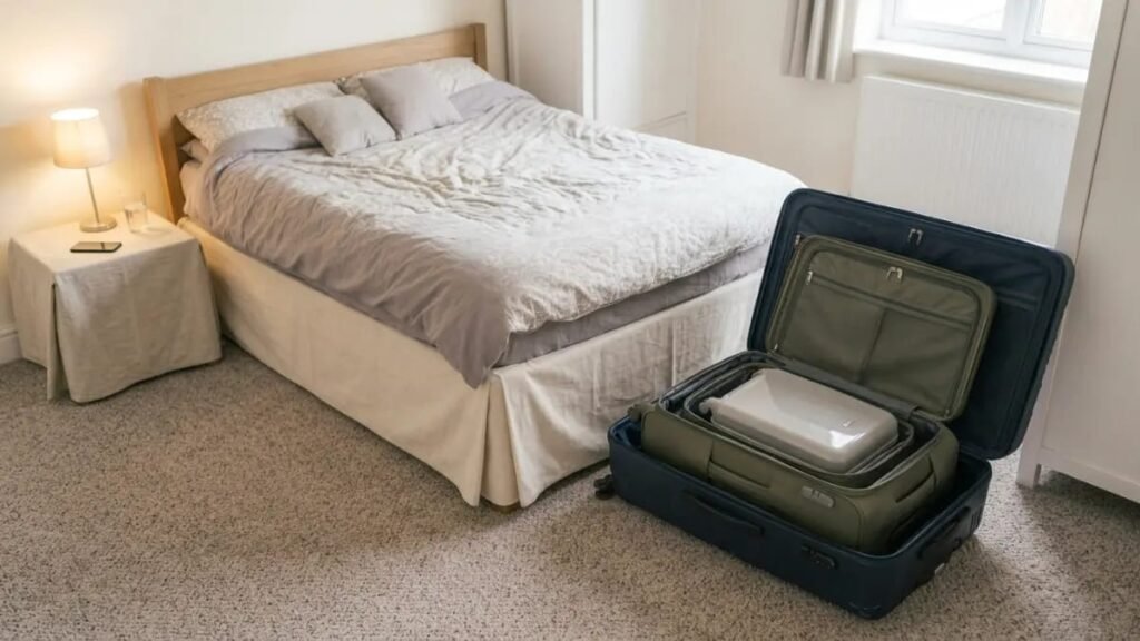 Three different sized suitcases nested inside each other using the Russian doll storage method in a bedroom