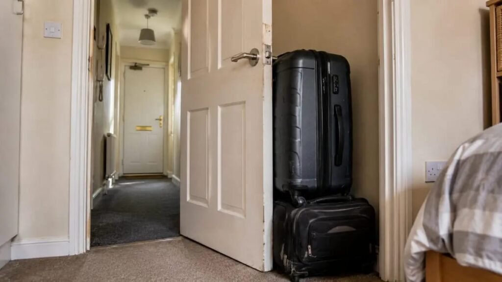 Suitcases stacked behind an open bedroom door blocking a fire escape route in a UK flat