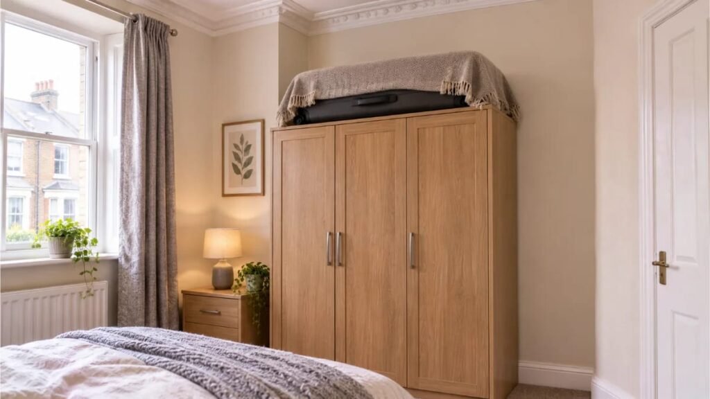 Suitcase neatly stored on top of a wooden wardrobe covered with a neutral throw blanket in a Victorian style bedroom