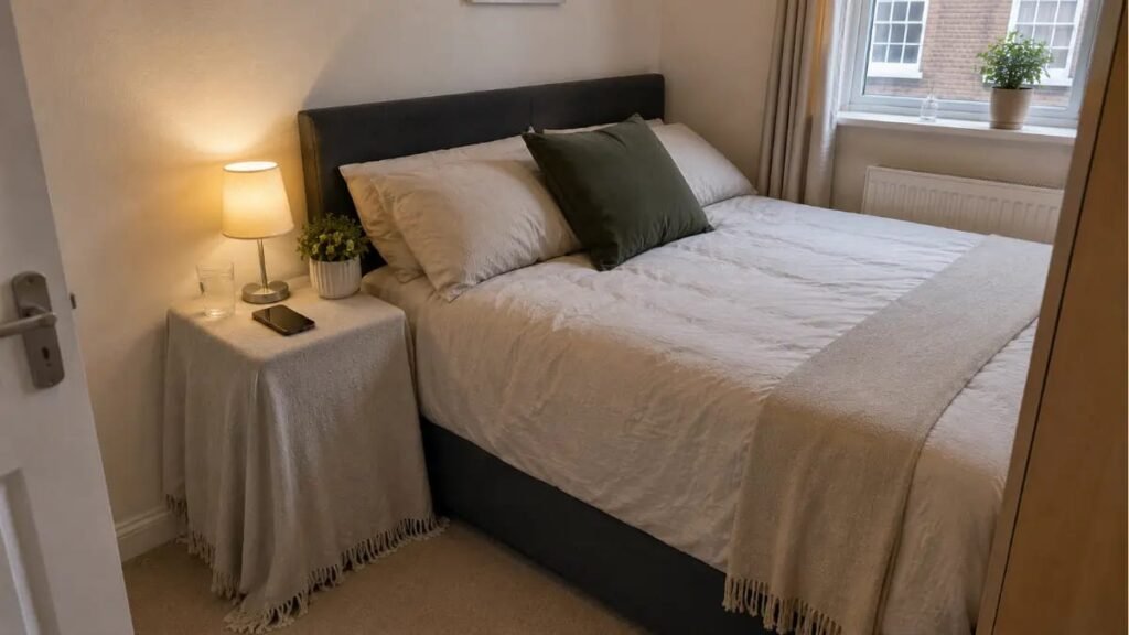Large suitcase disguised as a bedside table using a beige throw cover with a lamp on top