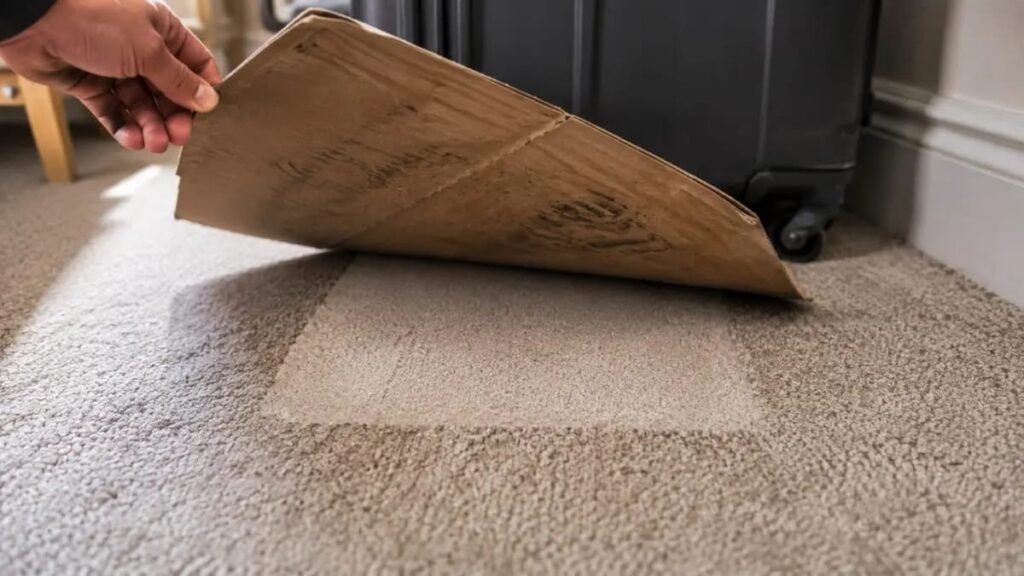 Hand lifting cardboard sheet to reveal clean spotless carpet beneath suitcase wheels