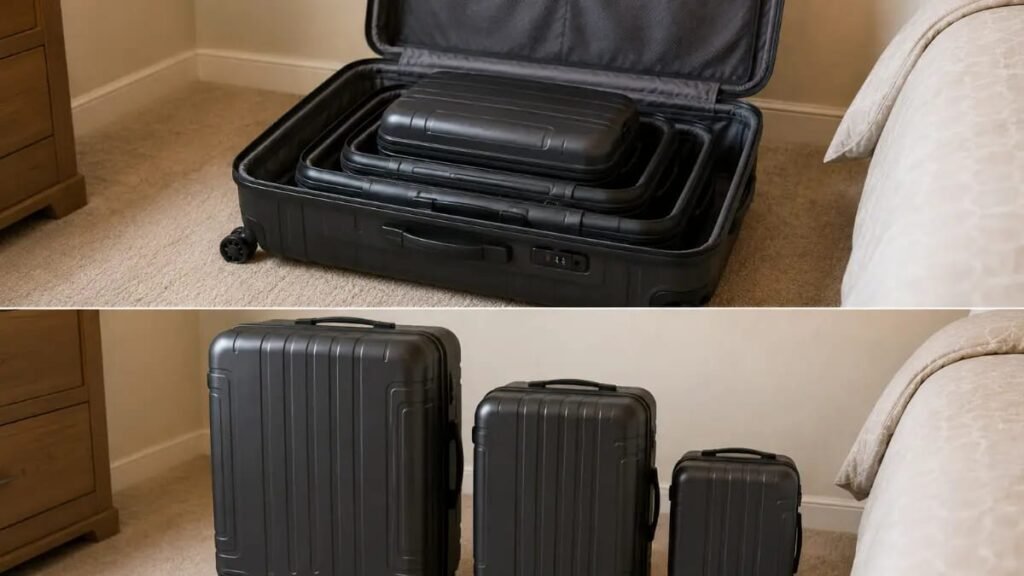 Split photo showing three black suitcases nested inside each other top and standing side-by-side bottom