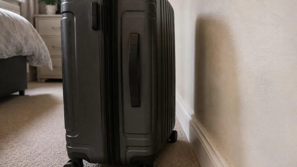 Close-up showing a 2-inch safety gap between a hard shell suitcase and a clean bedroom wall