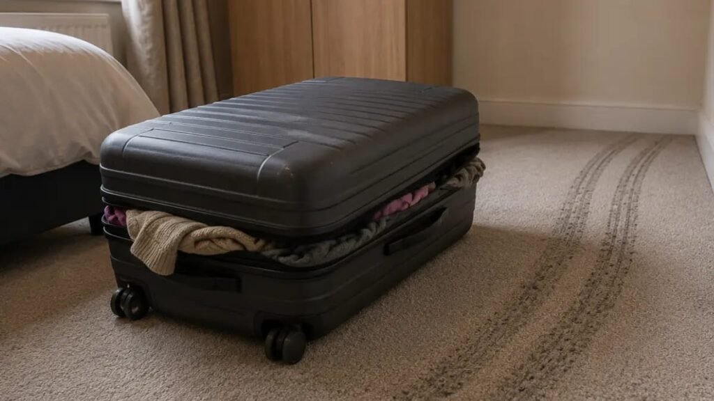 Heavy overpacked suitcase dragged across carpet leaving wheel marks in a rental bedroom
