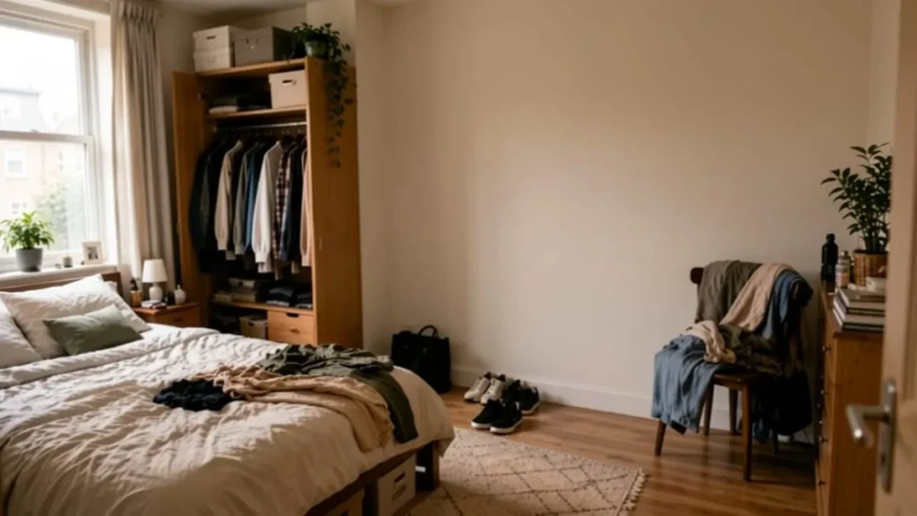 Small rental bedroom with limited storage and unused wall space
