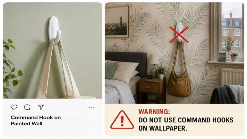 Pinterest-inspired Command hook idea compared with a wallpapered rental bedroom