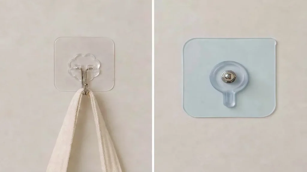 Clear adhesive hook with a transparent mounting pad for lightweight wall storage