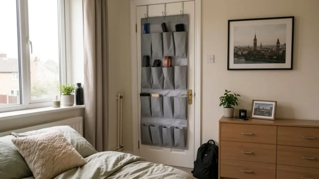 Over-door pocket organizer adding storage to the back of a bedroom door
