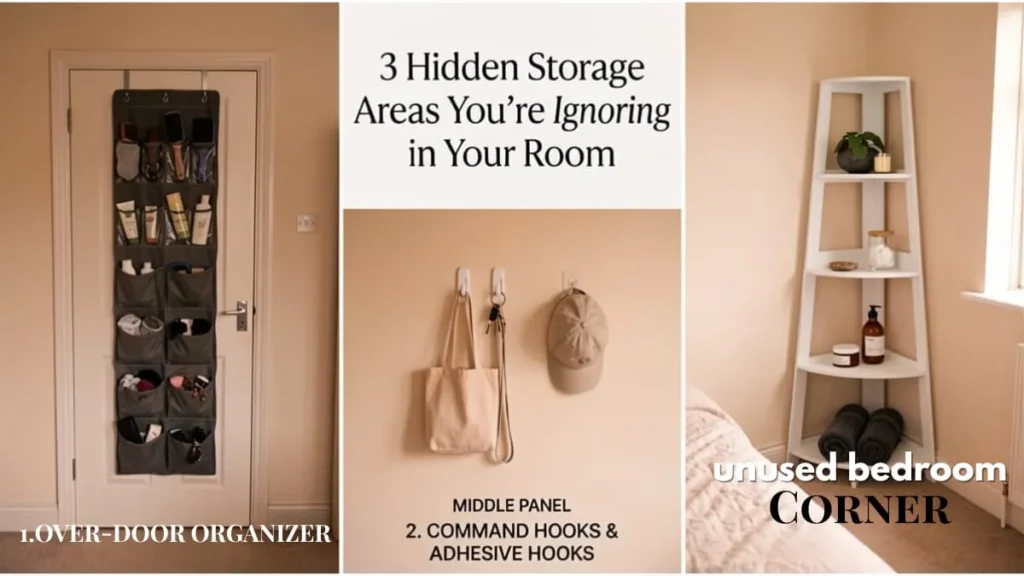 Three hidden bedroom storage areas including an over-door organizer, wall hooks, and a corner ladder shelf