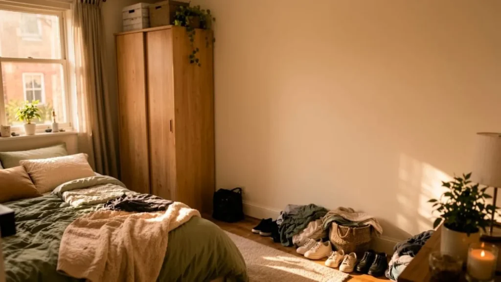 Small rental bedroom with unused wall space and limited storage options