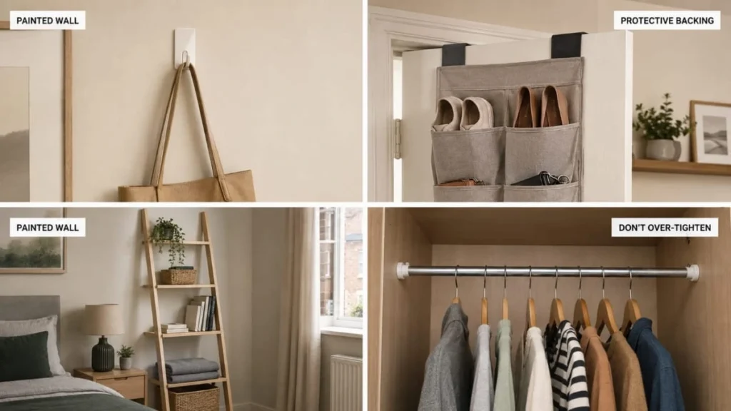 Rental-friendly no-drill storage methods including wall hooks, an over-door organizer, ladder shelf, and tension rod