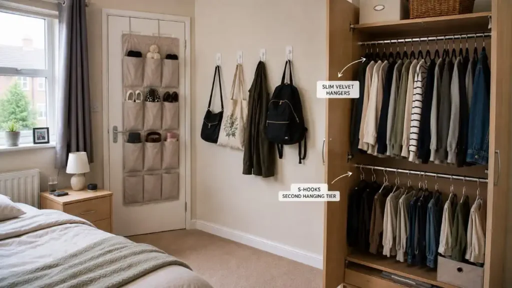 Up to £30 rental bedroom storage system with over-door organiser, Command hooks, S-hooks and slim velvet hangers