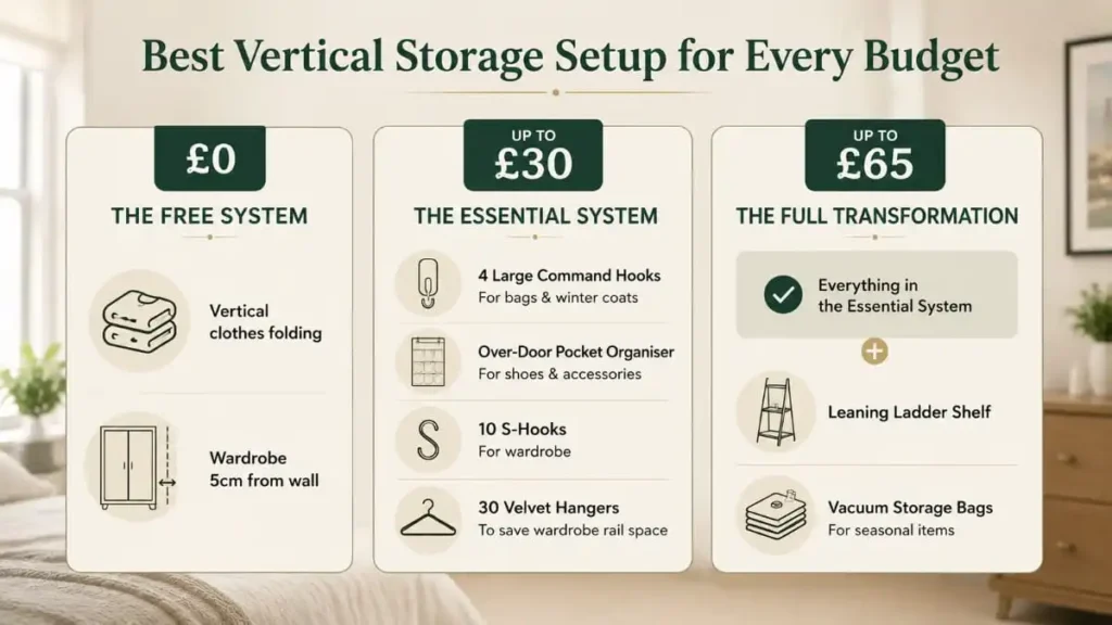 Vertical storage setups for renters across £0, £30, and £65 budgets