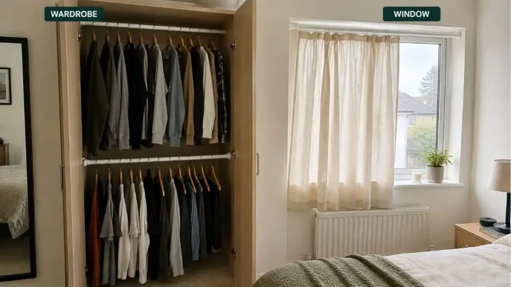 Tension rods used for extra clothing storage inside a wardrobe and across a bedroom window