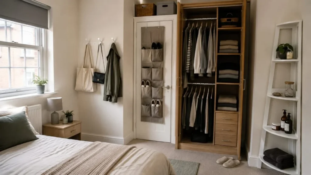 Small rental bedroom transformed with vertical no-drill storage to save floor space