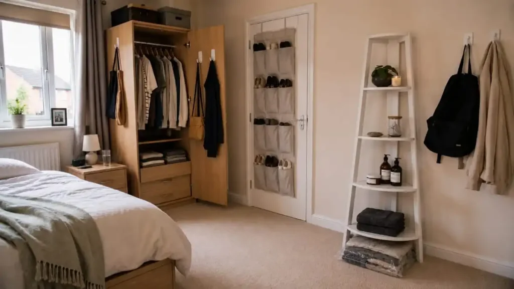 £65 rental bedroom storage setup with an over-door organiser, ladder shelf, wall hooks and wardrobe storage