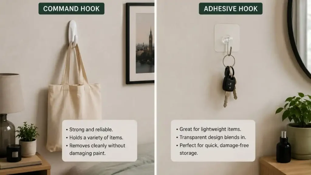 Command hook and adhesive hook used for renter-friendly wall storage
