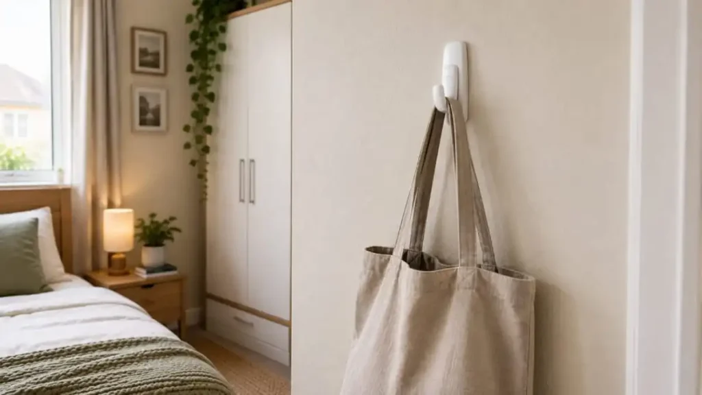 White Command-style hook on a painted bedroom wall holding a lightweight tote bag