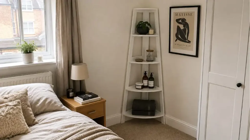 Slim leaning ladder shelf used for vertical storage in a bedroom corner