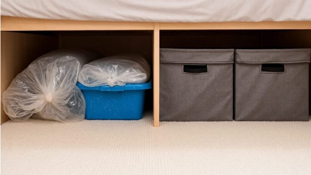 Fabric storage boxes and plastic tubs organized under a bed in a small rental bedroom.