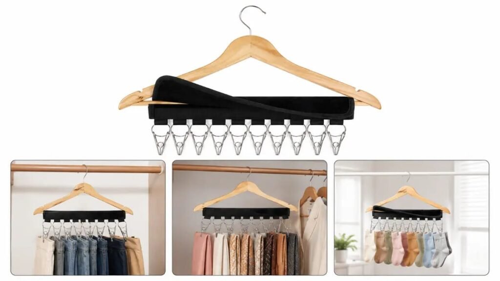 Velcro hanger organizer with clips holding socks ties and hats in a small closet