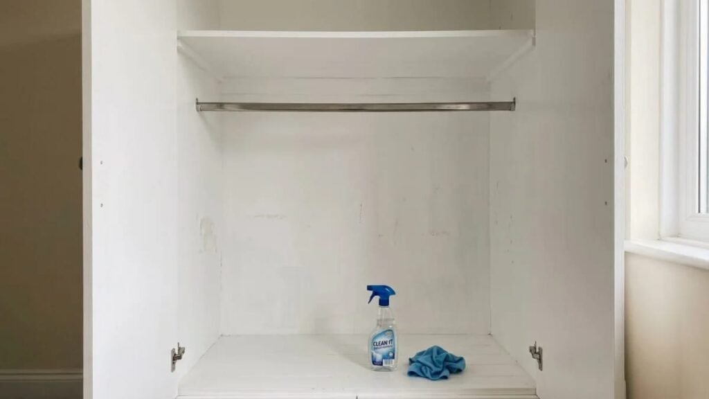 Empty white wooden wardrobe shelf being cleaned with a spray bottle and cloth