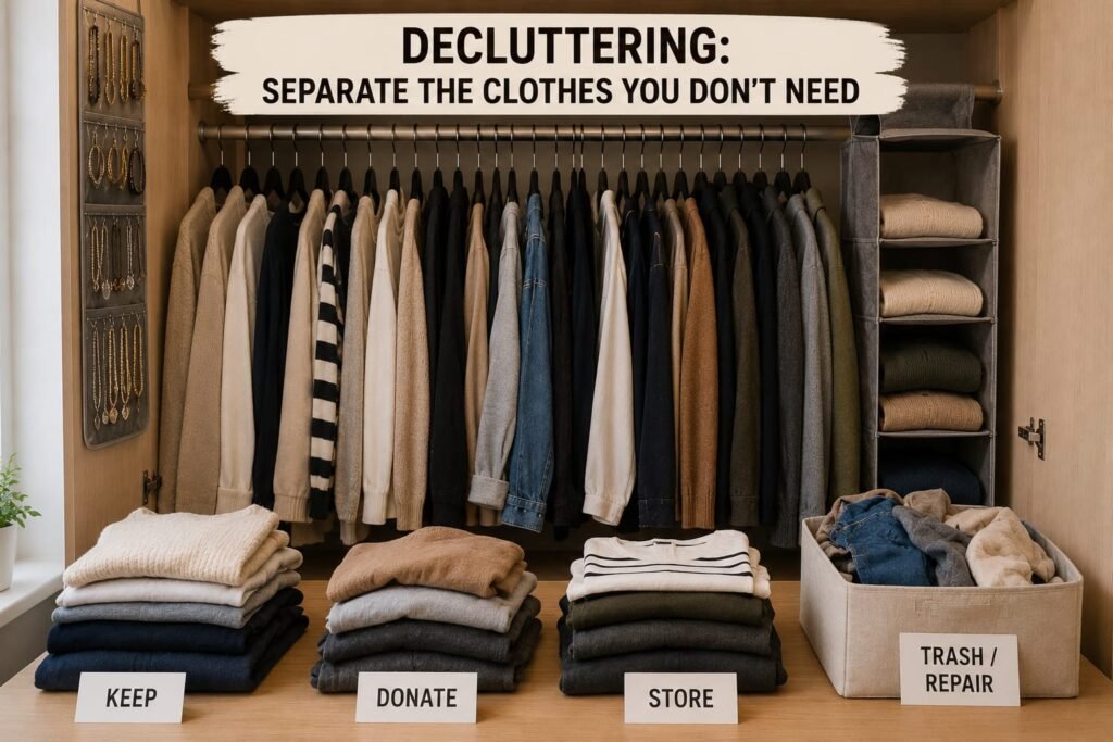 Decluttering small closet with clothes sorted into keep donate store and repair piles