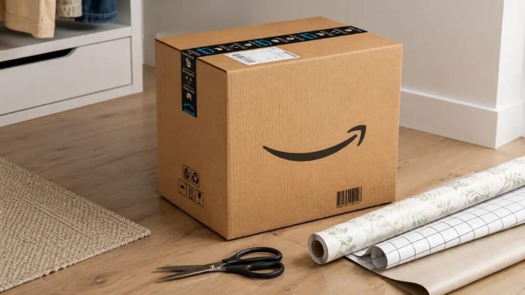 DIY cardboard shelf dividers materials using Amazon box wrapping paper and scissors