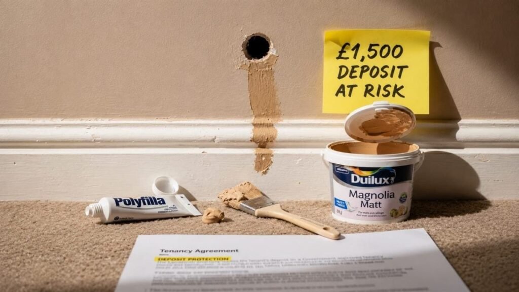 Wall damage from drilling in a rental apartment with a £1,500 security deposit at risk and repair materials on the floor