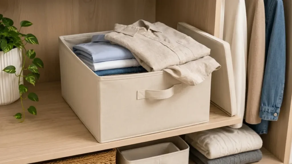 Beige fabric storage box with lid containing folded shirts on a closet shelf canvas box