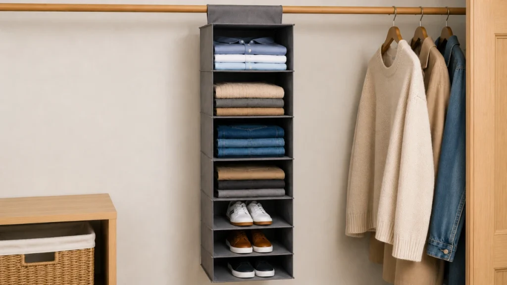 Grey 5 tier hanging closet organizer with folded shirts sweaters and jeans