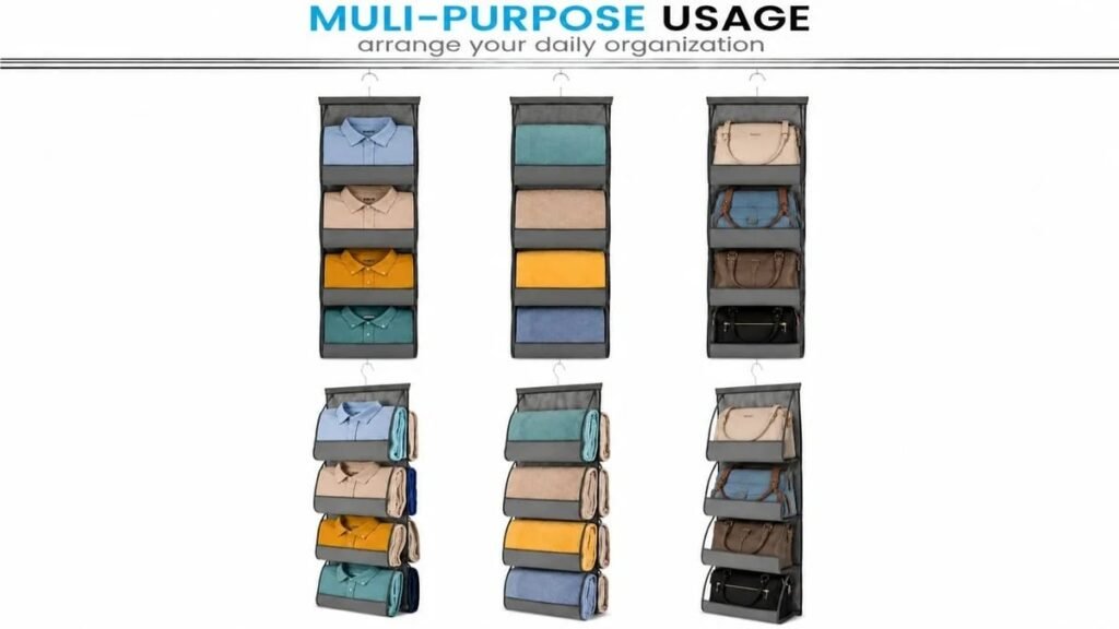 Hanging fabric closet organizer with compartments for shirts towels and handbags