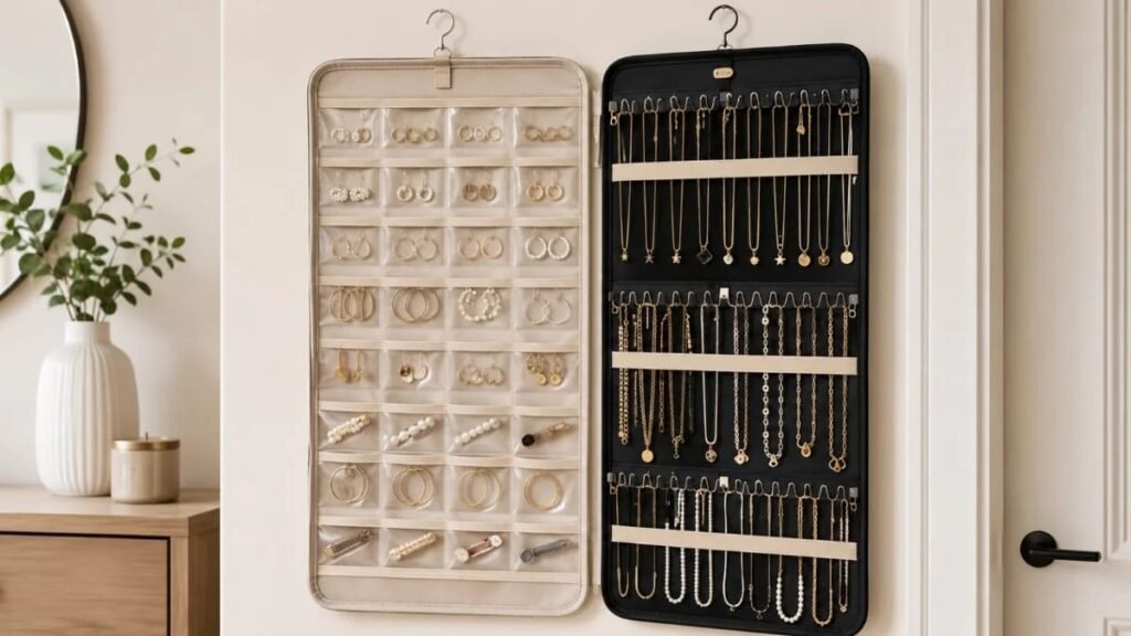 Hanging jewelry organizer with clear pockets and hooks for necklaces and earrings