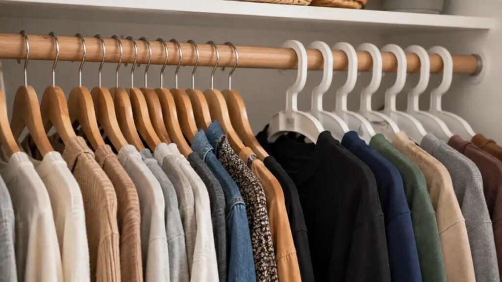 Neatly organized clothes hanging on wooden and plastic hangers in a closet
