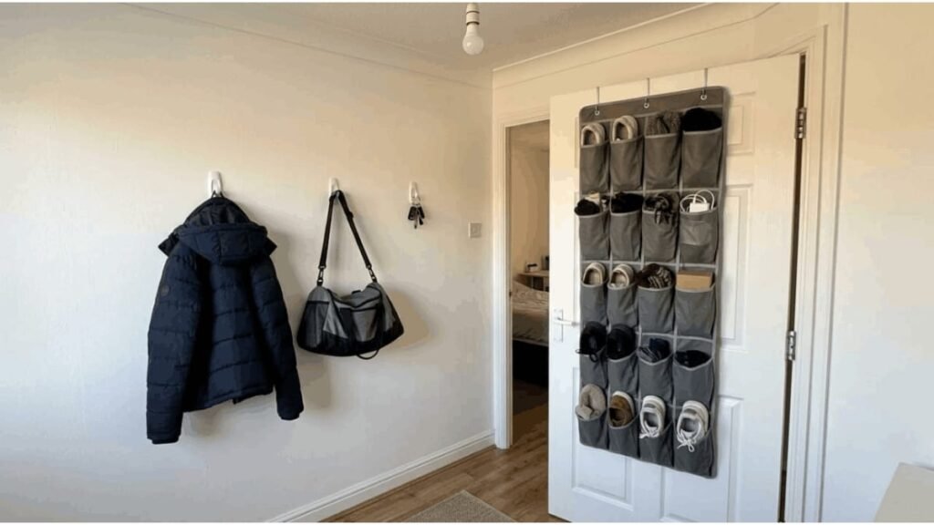 Wall hooks and an over-the-door organizer used to save space in a small rental bedroom.